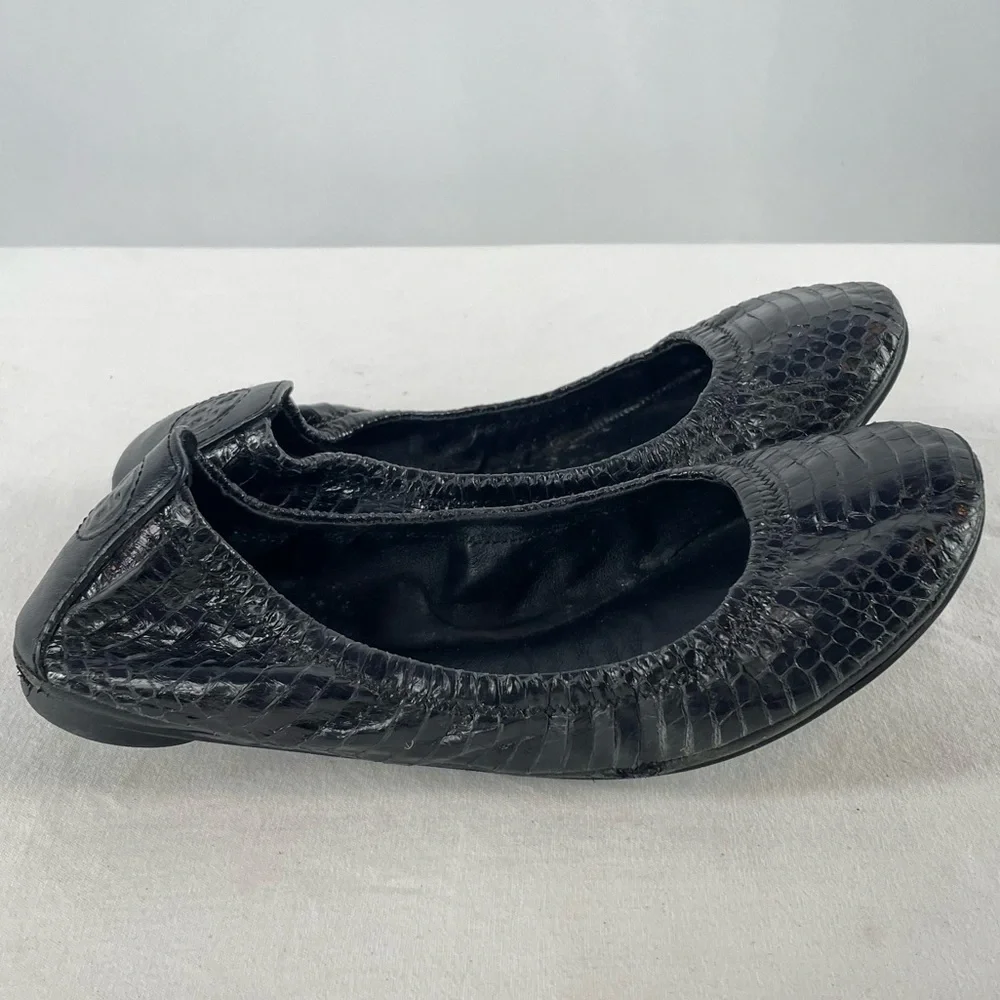 Tory Burch Snakeskin Embossed Leather Ballet Slipper Flat in Black Size‎ 7